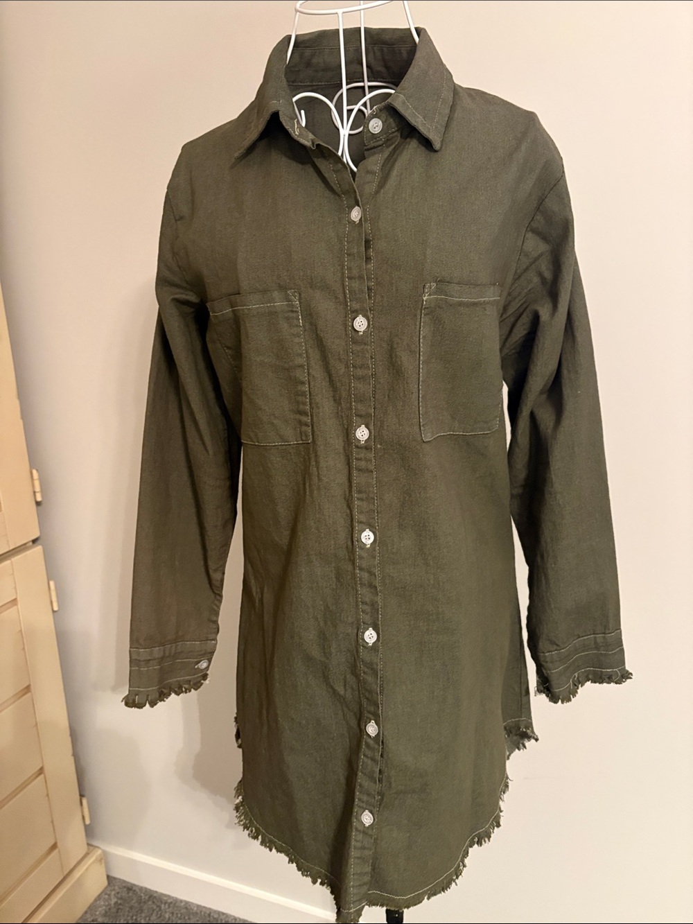 Long Olive Green Button-Front Shirt Dress